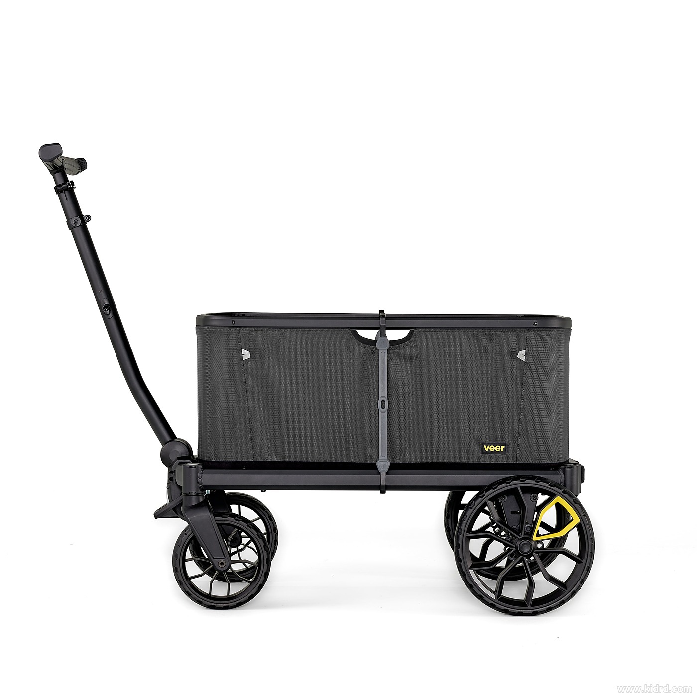 Veer Hauler 模块化载物拖车侧面展开状态，配大号 SmartBin 收纳箱与一体式 SmartDeck 平板