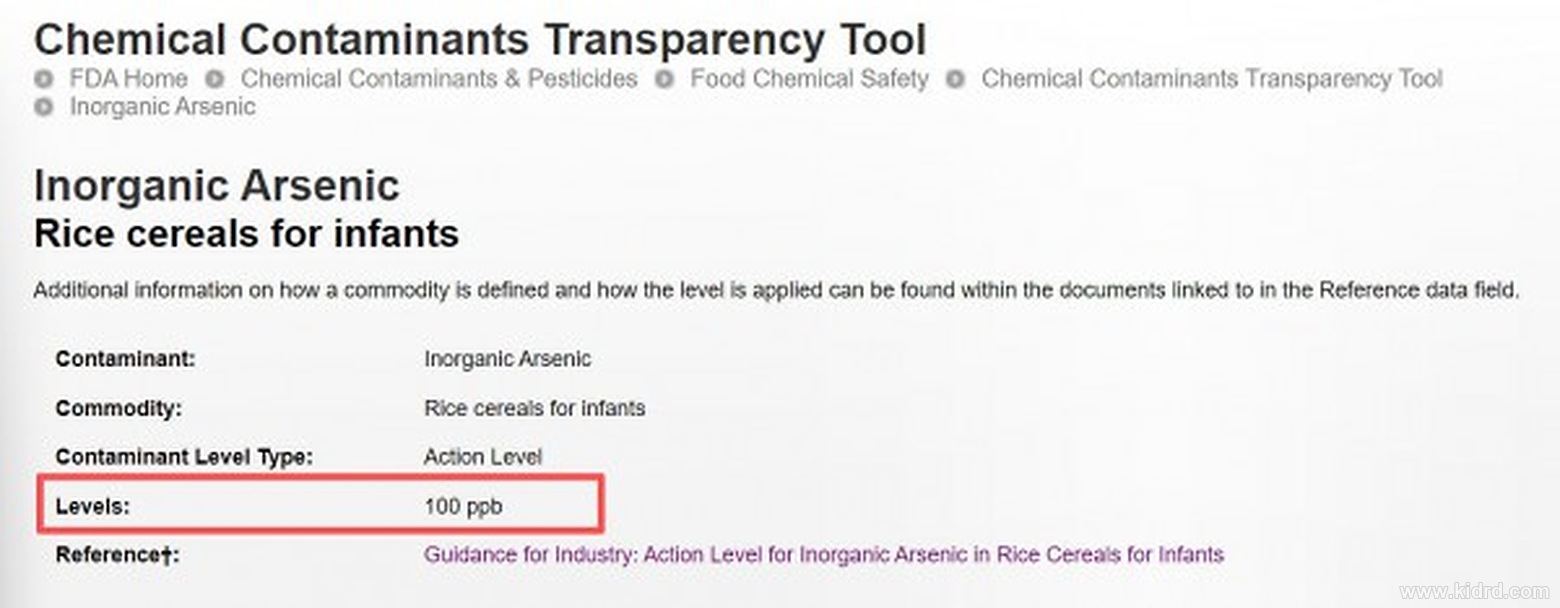 FDA Chemical Contaminants Transparency Tool：婴幼儿米粉无机砷行动水平 100 ppb