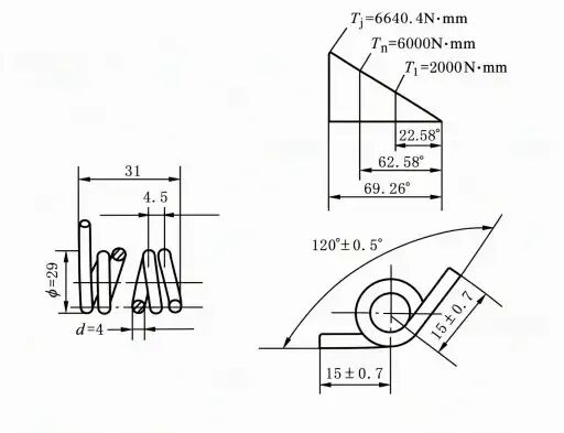 设计示例工作图:弹簧尺寸、扭矩-转角特性线与自由角度