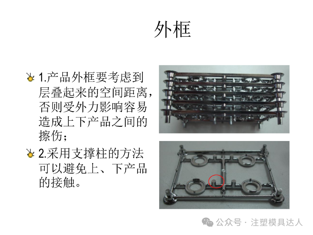 外框实例:层叠需留空间距离防擦伤,采用支撑柱避免上下产品接触